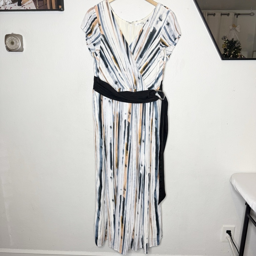 Eshakti V-Neck Stripe Waist Tie Maxi Dress Womens XL - 18 Blue Orange Boho Beach